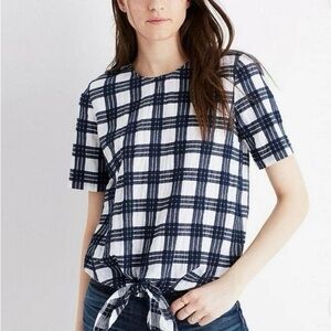 Madewell Navy and White Plaid Front Tie Short Sleeve, Small